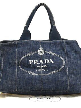 PRADA MILANO Logo Canapa Tote Handbag Denim Canvas Navy Blue GHW 35KC889